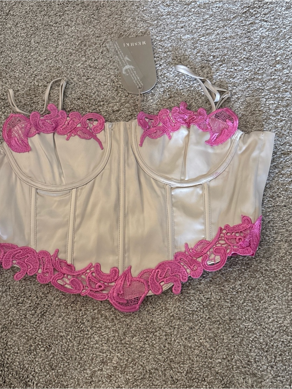Meshki Ivory Satin Bustier with Pink Lace Trim